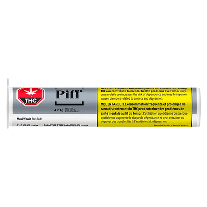 Close-up of the clear tube packaging showing the Maui Wowi PR 4 x 1 g label, red THC octagon, and yellow bilingual warning panel.