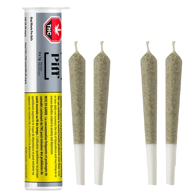 Straight-on view of a tube of Maui Wowi PR 4 x 1 g next to four neatly lined pre-rolls on a white background