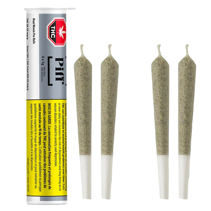 Straight-on view of a tube of Maui Wowi PR 4 x 1 g next to four neatly lined pre-rolls on a white background
