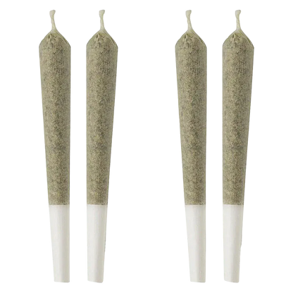 Top-down view of four slim pre-rolls arranged in two neat pairs, showing the green herb and white filter of Maui Wowi PR 4 x 1 g.