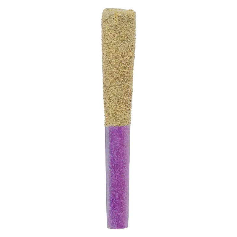 Tall, vertical close-up of a BC Organic Mandarin Zktz pre-roll with a purple paper body and a textured tan filter against a white background