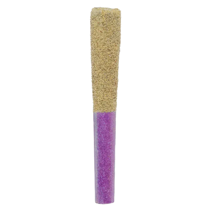 Tall, vertical close-up of a BC Organic Mandarin Zktz pre-roll with a purple paper body and a textured tan filter against a white background