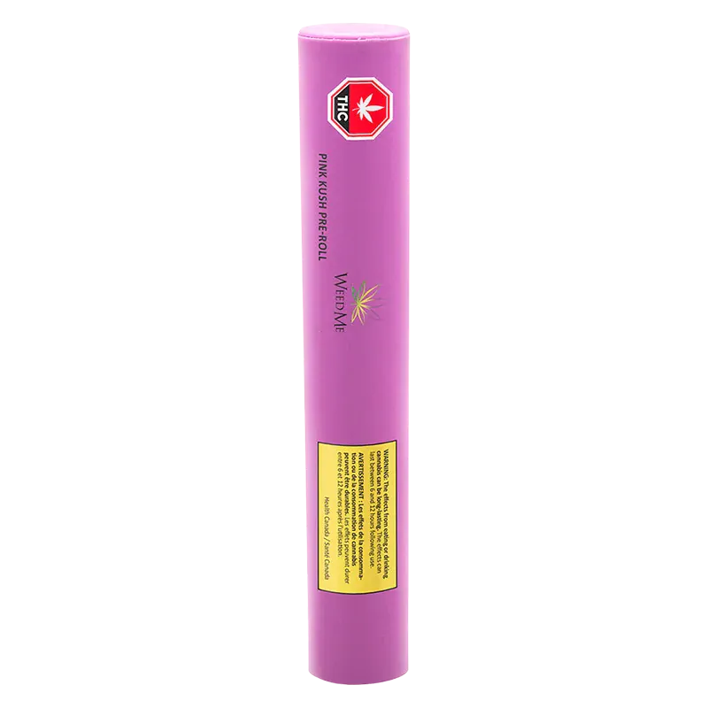 Tall front-facing shot of the pink cylindrical tube labeled Pink Kush PR 2 x 1 g with a red THC emblem and yellow warning panel.