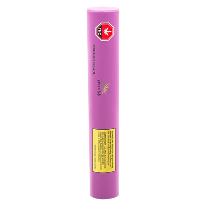 Tall front-facing shot of the pink cylindrical tube labeled Pink Kush PR 2 x 1 g with a red THC emblem and yellow warning panel.