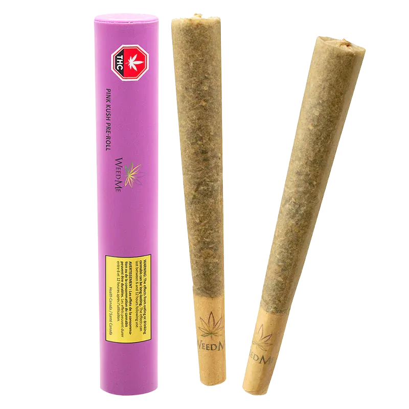 Three-quarter view of two pre-rolled joints beside a standing pink tube labeled "Pink Kush PR 2 x 1 g."