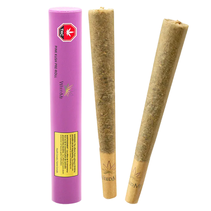 Three-quarter view of two pre-rolled joints beside a standing pink tube labeled "Pink Kush PR 2 x 1 g."