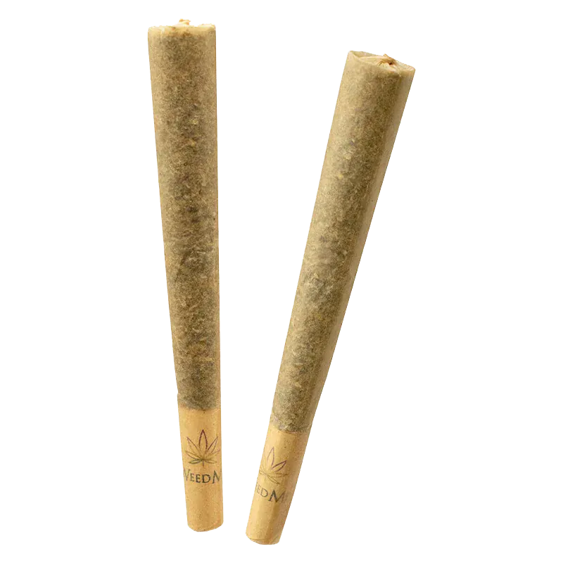 Two angled Pink Kush PR 2 x 1 g pre-rolls standing on a white background with visible leaf-logo paper tips.