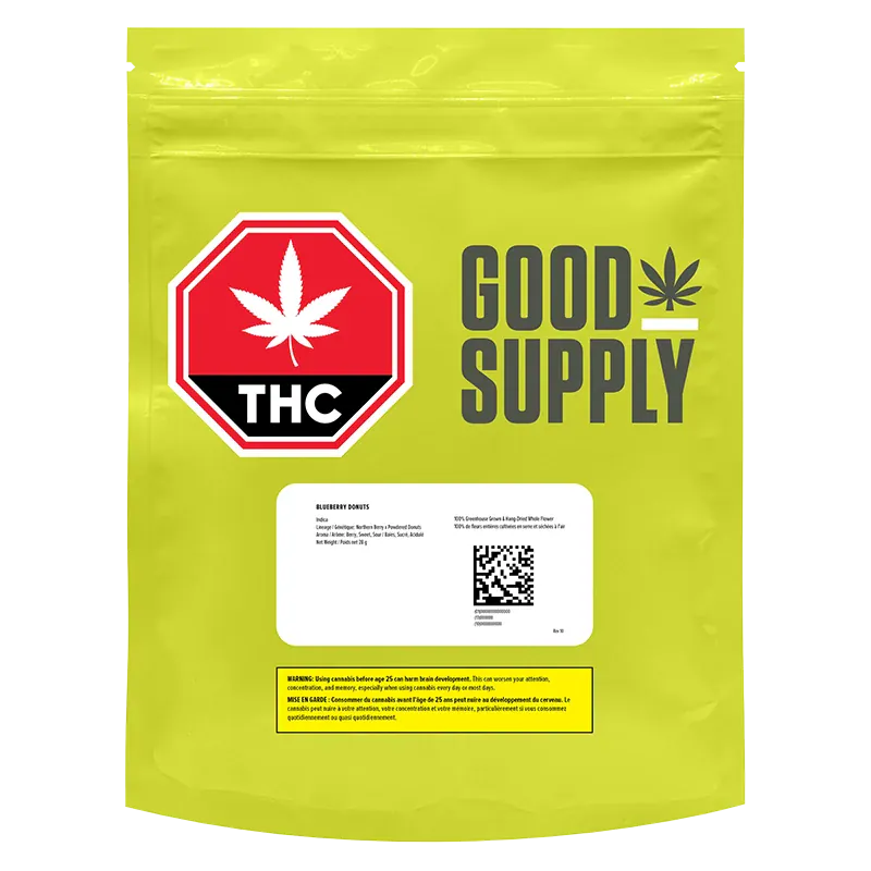 Front-facing shot of the lime-green Good Supply Blueberry Donuts pouch with a red THC stop-sign logo and white label.