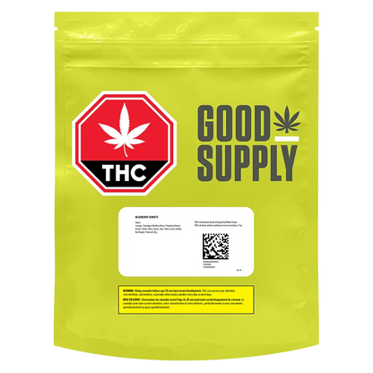 Front-facing shot of the lime-green Good Supply Blueberry Donuts pouch with a red THC stop-sign logo and white label.