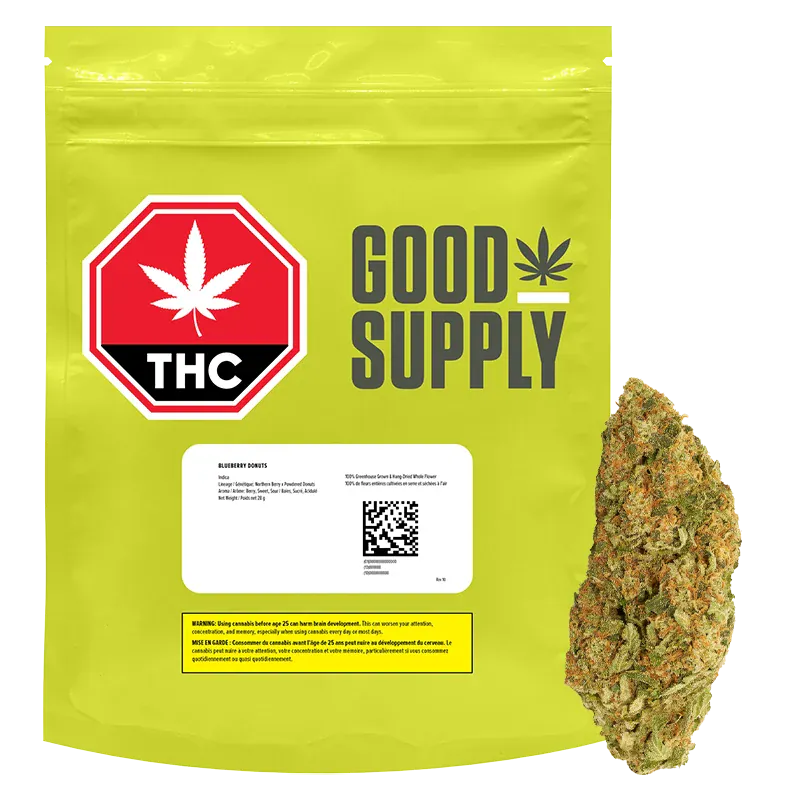 Front view of the bright lime-green pouch labeled Good Supply Blueberry Donuts with a THC stop sign logo and a bud beside it.
