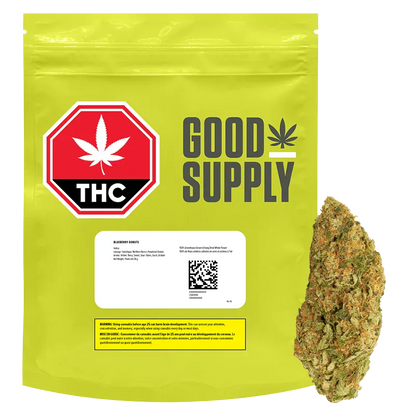 Front view of the bright lime-green pouch labeled Good Supply Blueberry Donuts with a THC stop sign logo and a bud beside it.