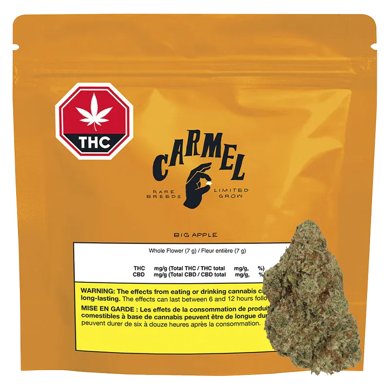 Front view of the golden Carmel Big Apple pouch with THC symbol and a cannabis bud photographed at its lower right.
