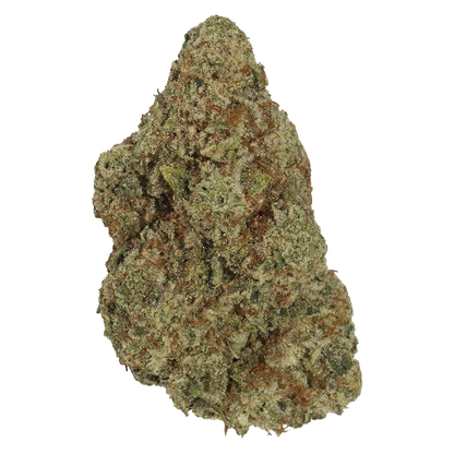 Close-up of a single dried bud of Big Apple against a plain white background, showing green leaves, orange hairs, and crystalline trichomes.