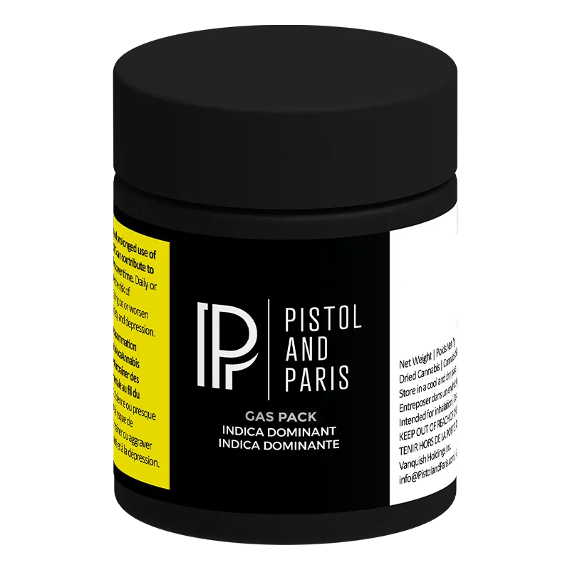 Angled front view of the black Pistol and Paris Gas Pack jar with bold white logo and a yellow warning label visible on the side.