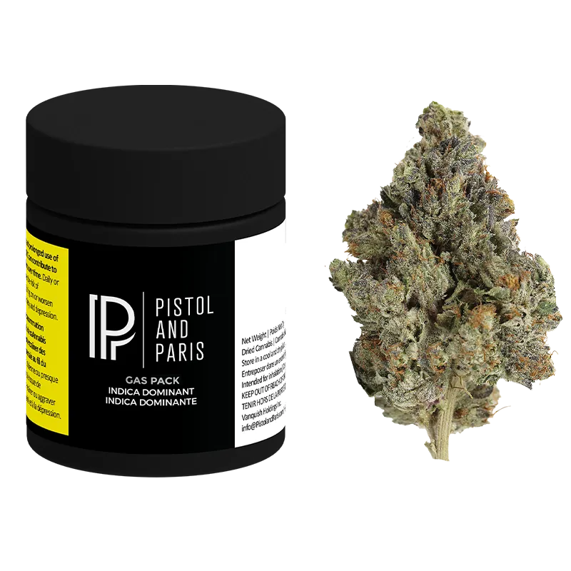 Three-quarter front view of a black Pistol and Paris Gas Pack jar beside a frosty green cannabis bud on a white background