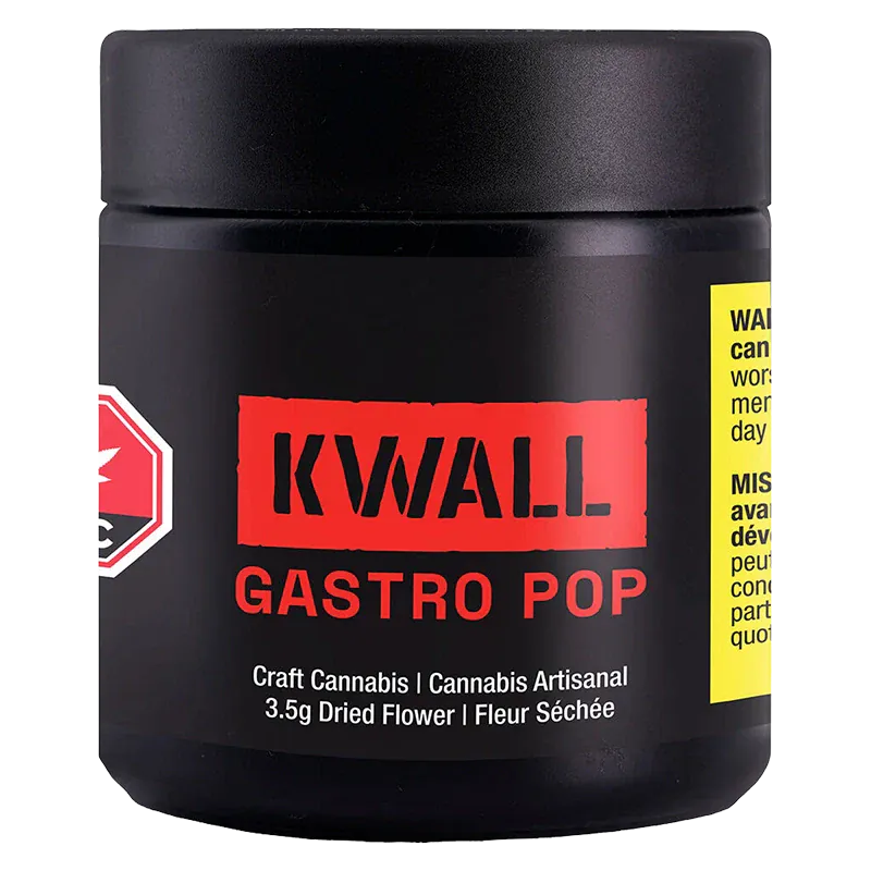 Front-facing shot of a black jar labeled "KWALL GASTRO POP" in bold red lettering against a white background.