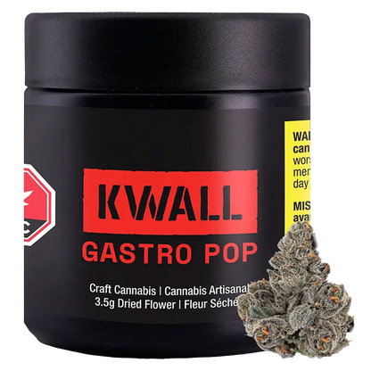 Front-facing shot of a black jar labeled "KWALL GASTRO POP" with bold red logo and a frosty cannabis bud at the lower right.