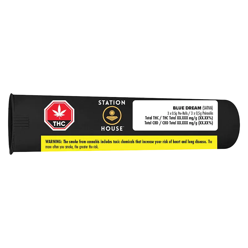 Side-on view of a black tube pack labeled Station House with the Blue Dream PR 3 x 0.5 g label and yellow warning strip.
