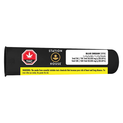 Side-on view of a black tube pack labeled Station House with the Blue Dream PR 3 x 0.5 g label and yellow warning strip.