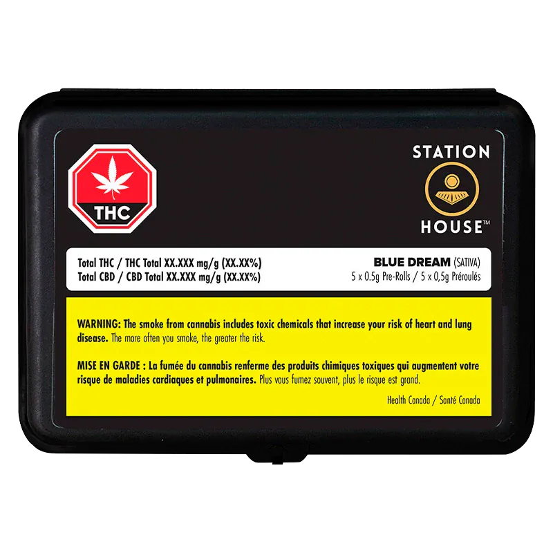 Top-down view of a black rectangular tin labeled Station House with the Blue Dream PR 5 x 0.5 g product name and a yellow health warning panel.