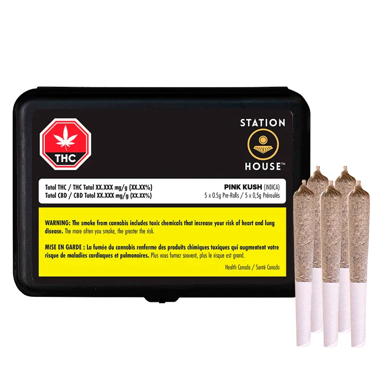 Front-facing shot of a black Station House Pink Kush PR 5 x 0.5 g tin with a yellow warning label and three pre-rolls standing beside it.