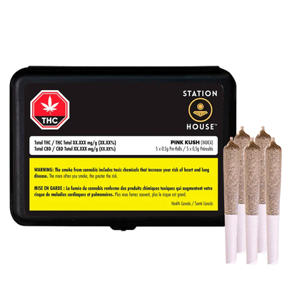Front-facing shot of a black Station House Pink Kush PR 5 x 0.5 g tin with a yellow warning label and three pre-rolls standing beside it.