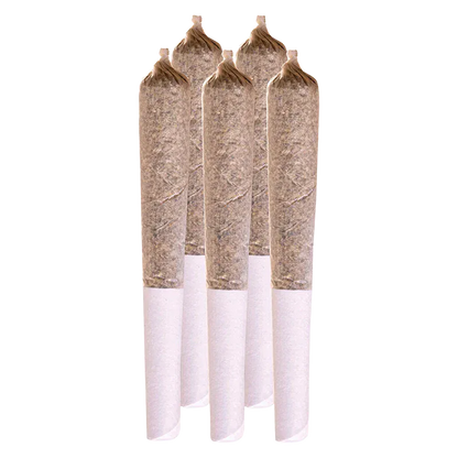 Five upright pre-rolled joints photographed front-on against a white background labeled Pink Kush PR 5 x 0.5 g.