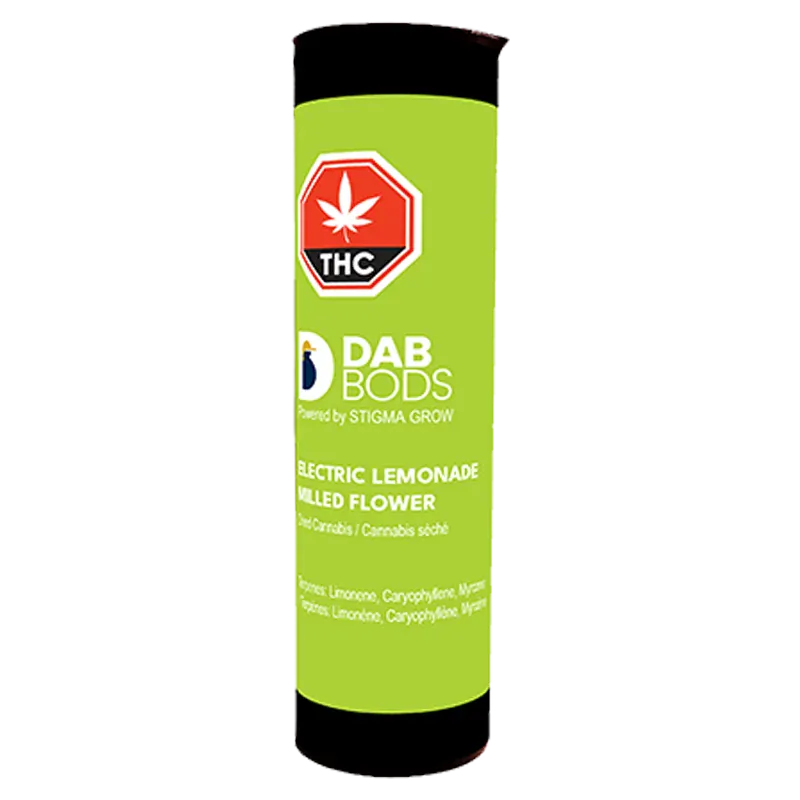 Tall, front-facing shot of the Dab Bods Electric Lemonade tube with bright lime-green label and red THC symbol.