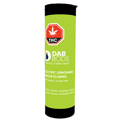 Tall, front-facing shot of the Dab Bods Electric Lemonade tube with bright lime-green label and red THC symbol.