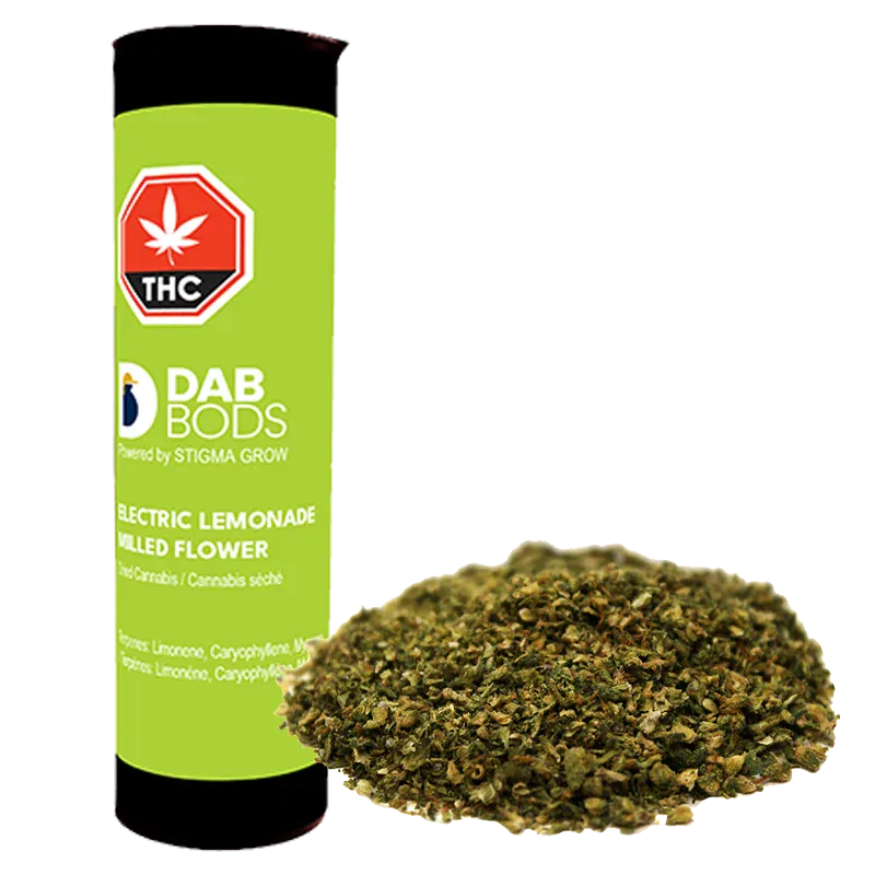 Tall green canister labeled "Electric Lemonade" standing behind a loose pile of shredded green herb on a white background.