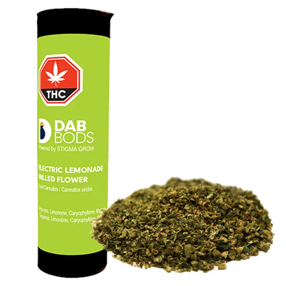 Tall green canister labeled "Electric Lemonade" standing behind a loose pile of shredded green herb on a white background.