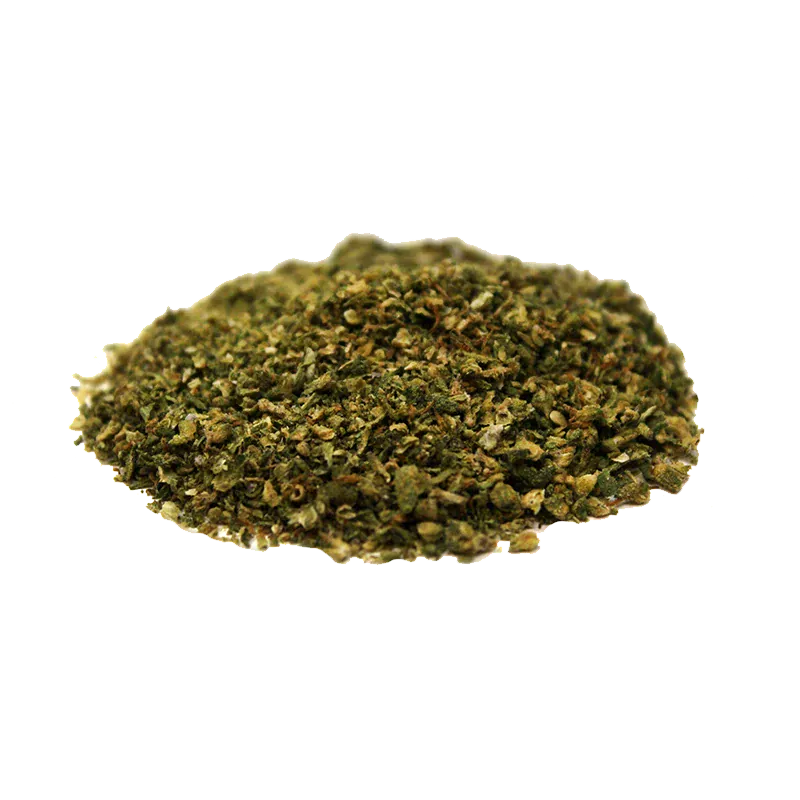 Close-up of a small mound of dried green herb on white background labeled Electric Lemonade.