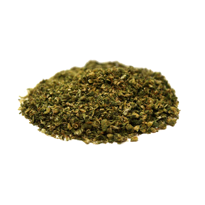 Close-up of a small mound of dried green herb on white background labeled Electric Lemonade.