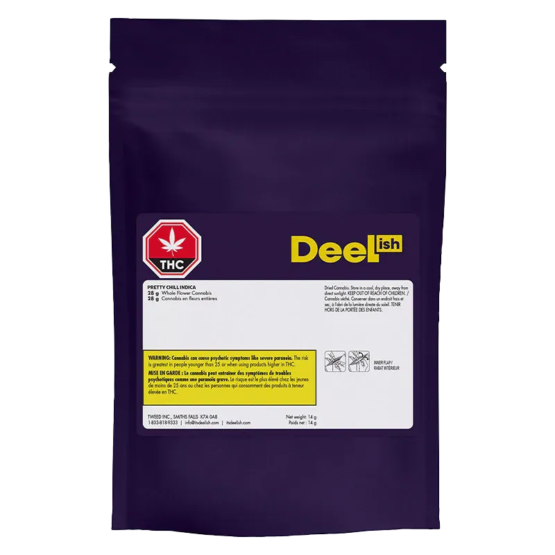 Front-facing shot of the deep purple resealable pouch labeled "Pretty Chill" with the Deelish brand name and THC warning icons on a white product label.