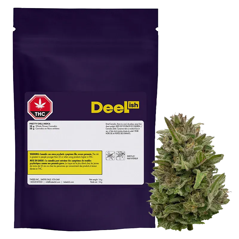 Front-facing shot of a purple pouch and a large frosty bud labeled "Pretty Chill" by Deelish, shown on a white background.