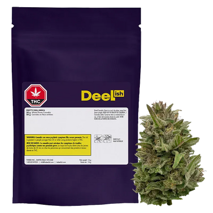 Front-facing shot of a purple pouch and a large frosty bud labeled "Pretty Chill" by Deelish, shown on a white background.
