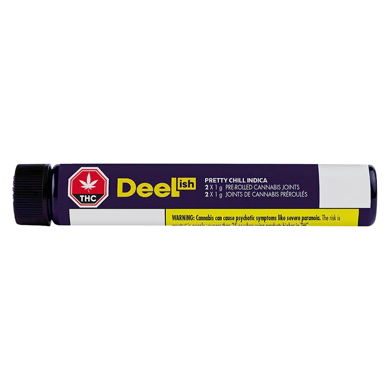 Horizontal product shot of the Pretty Chill PR 2 x 1 g clear tube with a purple Deelish label and black screw cap.