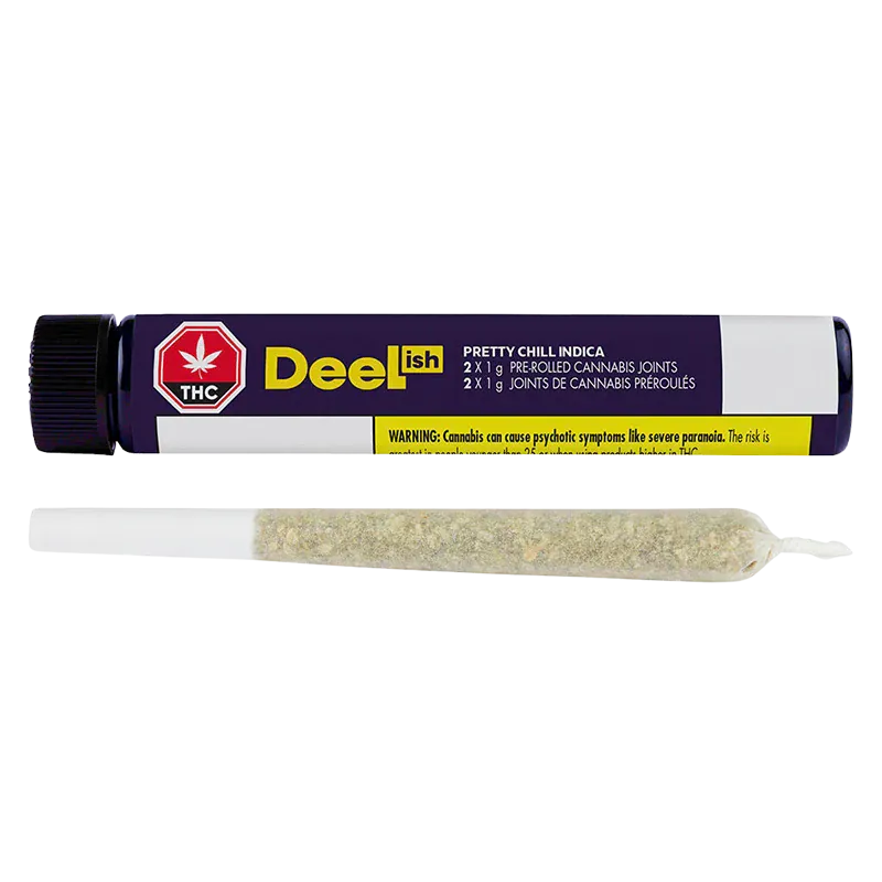 Horizontal studio shot of a pre-rolled joint beneath a purple tube labeled "Pretty Chill PR 2 x 1 g" with its warning text visible.