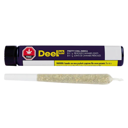 Horizontal studio shot of a pre-rolled joint beneath a purple tube labeled "Pretty Chill PR 2 x 1 g" with its warning text visible.
