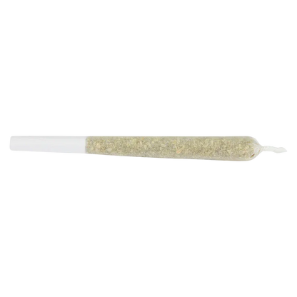 Side view of a thin, tea-colored pre-roll on white background, labeled in the image as Pretty Chill PR 2 x 1 g.