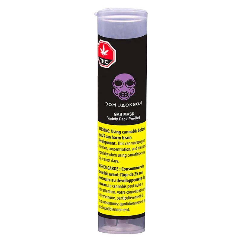 Vertical front shot of the Gas Mask Variety Pack PR 12 x 0.5 g tube, showing a purple gas-mask logo on black label and a bright yellow warning panel.
