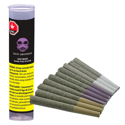 Angled view of a tube and fan of pre-rolled joints, showing the Gas Mask Variety Pack PR 12 x 0.5 g tube label and twelve gray paper rolls.