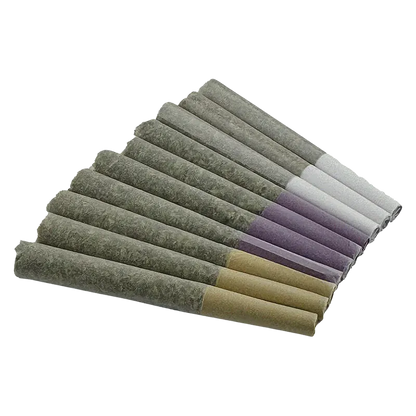 Diagonal top-down view of a fan of pre-rolled joints labeled Gas Mask Variety Pack PR 12 x 0.5 g, showing grey paper with purple, white, and tan filters.