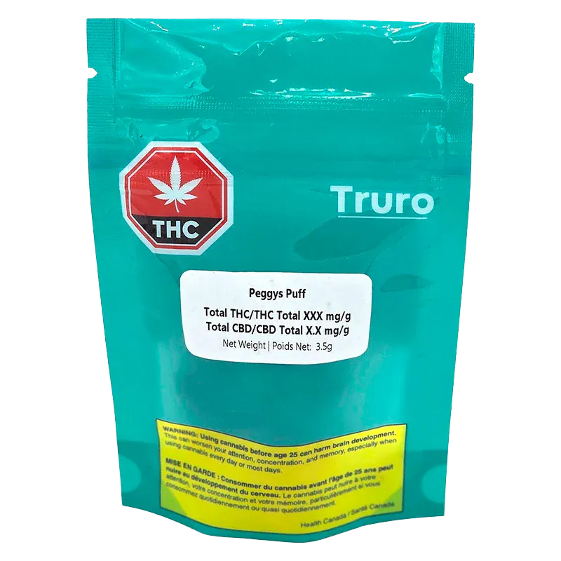 Front-facing photo of the teal pouch labeled "Peggys Puff" with a red THC symbol and white product sticker centered on the bag.