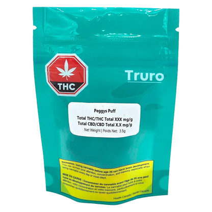 Front-facing photo of the teal pouch labeled "Peggys Puff" with a red THC symbol and white product sticker centered on the bag.