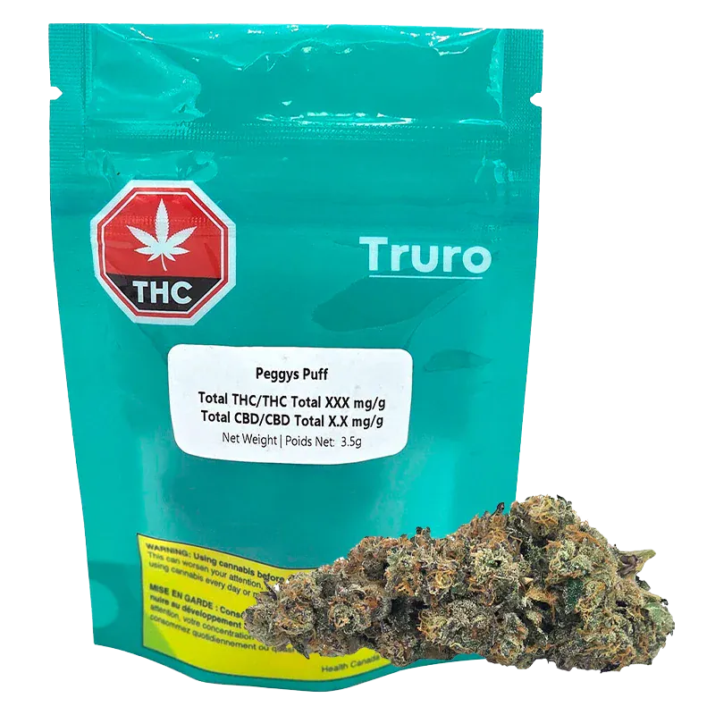 Front-facing shot of a teal Truro Peggys Puff pouch with a white label and a cluster of cannabis buds resting at its base.