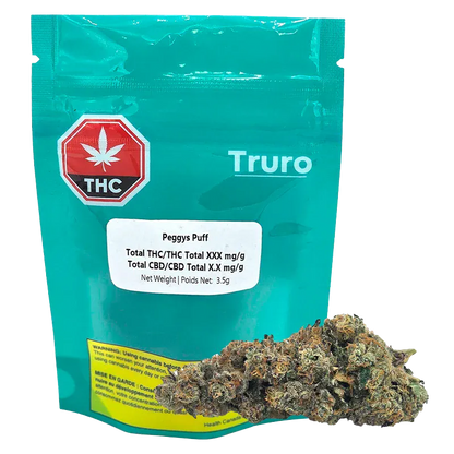 Front-facing shot of a teal Truro Peggys Puff pouch with a white label and a cluster of cannabis buds resting at its base.
