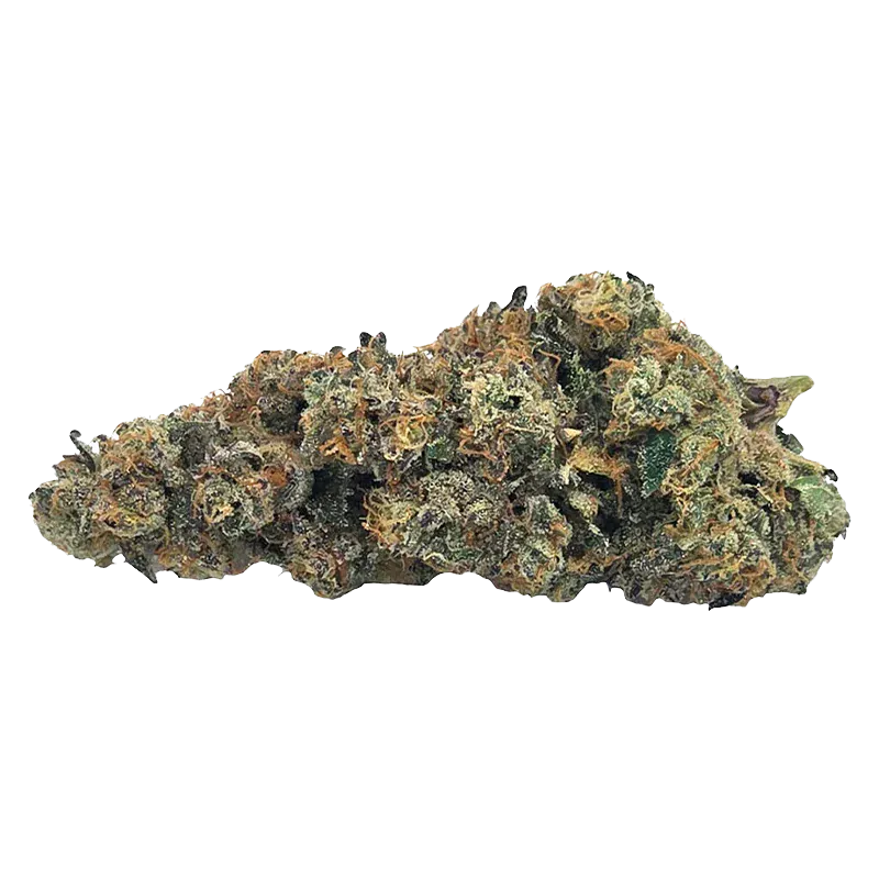 Close-up side view of a sticky, trichome-dusted cannabis bud of Peggys Puff resting on a white background.