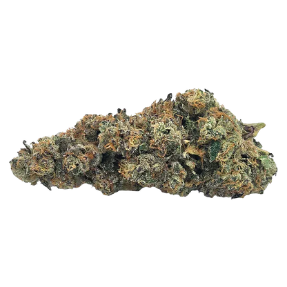 Close-up side view of a sticky, trichome-dusted cannabis bud of Peggys Puff resting on a white background.