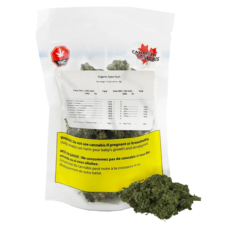 Front-facing shot of a clear bag labeled Organic Apex Kush with visible green buds inside and a small pile of nugs at the lower right.